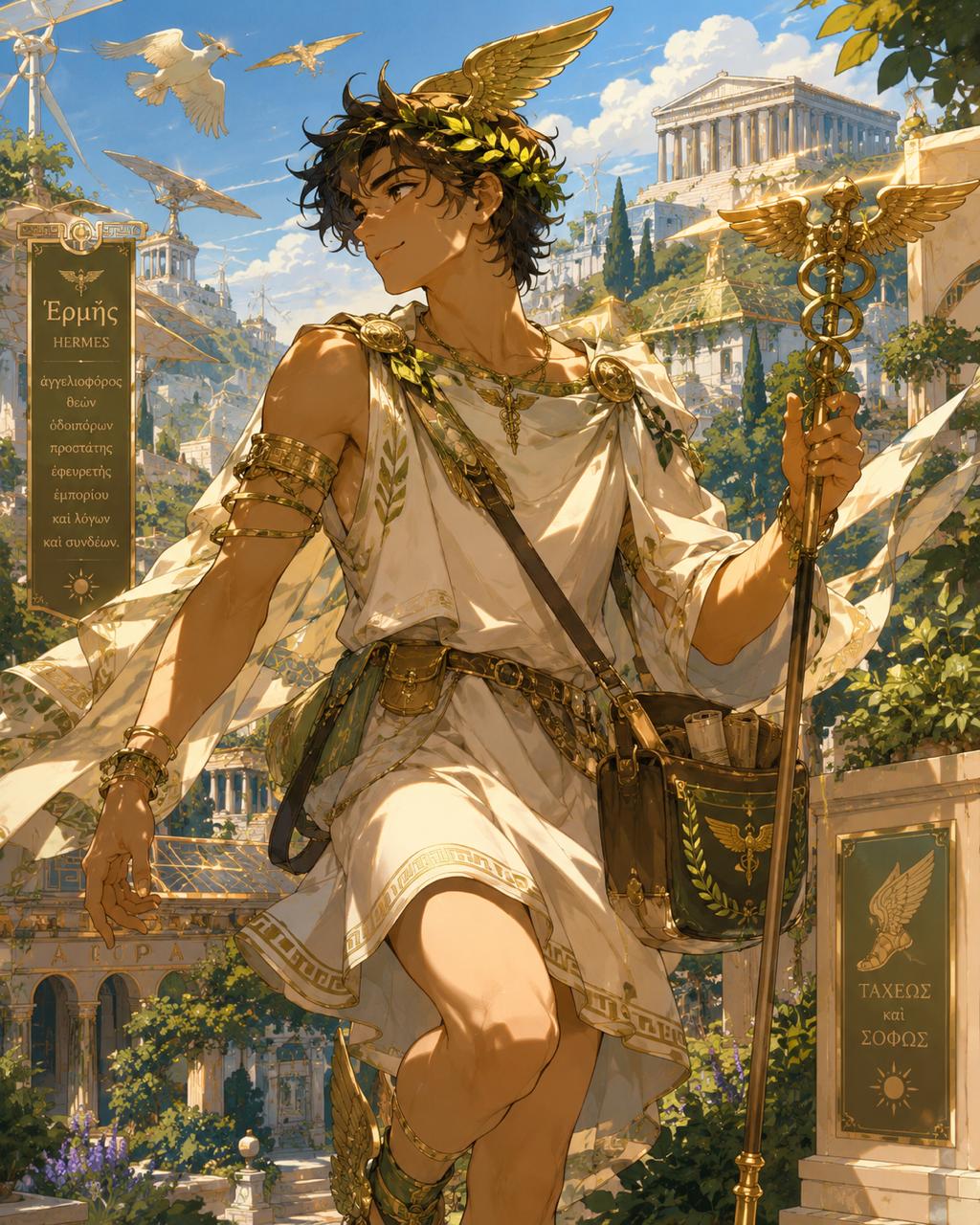 Hermes messenger carrying a caduceus through a sunlit classical city